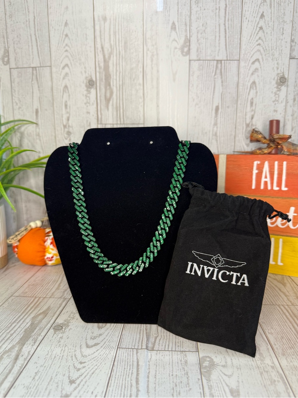 Invicta Men's Emerald Green Cuban Link Necklace